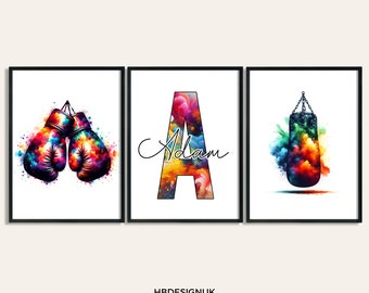 Personalised Boxing Wall Art - Set of 3 Colourful Prints | Boys Girls Bedroom Decor | Custom Poster | Home Room Decor | Posters Print
