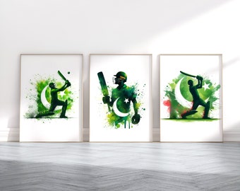 Conjunto de pôsteres de críquete - Impressões de pôsteres de críquete em aquarela com a bandeira do Paquistão | Arte de parede de críquete | Presente para fã de críquete | Arte de críquete | Quarto de menino