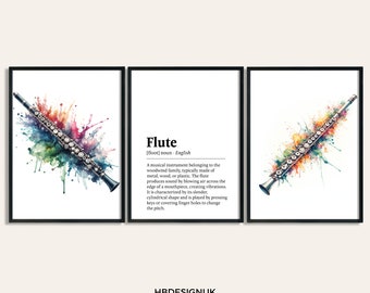 Peut inclure: Une peinture à l'aquarelle d'une flûte avec une éclaboussure de peinture colorée derrière. La définition du mot "flûte" est écrite sous l'image. Le texte se lit comme suit : "[floot] nom - anglais Un instrument de musique appartenant à la famille des instruments à vent, généralement en métal, en bois ou en plastique. La flûte produit du son en soufflant de l'air sur le bord d'un embouchure, créant des vibrations. Elle se caractérise par sa forme mince et cylindrique et se joue en appuyant sur les touches ou en couvrant les trous pour les doigts afin de modifier la hauteur."