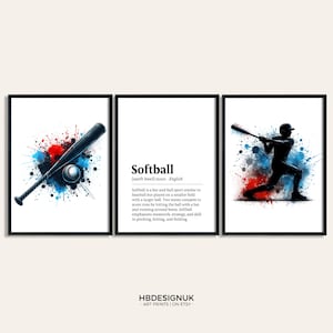 Softball Definition Poster Set - Set of 3 Softball Prints | Watercolour Wall Art | Boy Room Prints | Sports Decor | Wall Art Picture Artwork
