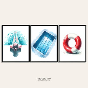 Watercolour Swimming Print Set - 3 Posters | Gift for Swimmer | Swim Art | Pool Wall Artwork | Minimalist Blue Prints | Blue Swimming Gifts