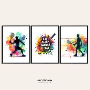Conjunto de regalos deportivos de squash - Conjunto de 3 carteles de squash / Pintura de arte en acuarela / Decoración impresa / Regalo de arte de pared deportivo / Ilustraciones de jugadores de squash