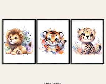 Safari Nursery Print Set - Set of 3 Posters | Jungle Animal Nursery Decor | Boys Girls Room | Lion, Tiger, Cheeter | Playroom Wall Art