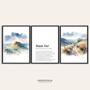Puede incluir: Una pintura de acuarela de Mam Tor, una colina en el Peak District de Derbyshire, Inglaterra. La pintura muestra la colina con su distintiva cima rocosa y un camino sinuoso que conduce hasta ella. El texto debajo de la imagen define Mam Tor como una colina conocida por sus deslizamientos de tierra y su estructura geológica inestable. El texto también menciona que la colina ofrece vistas panorámicas del Peak District circundante y es un destino popular para excursionistas y caminantes.