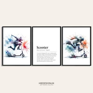 Conjunto de pôsteres de impressão de scooter - Conjunto de 3 pôsteres de parque de skate | Pintura de arte em aquarela | Decoração de quarto de meninos | Presentes de arte de parede de scooterer | Obra de arte