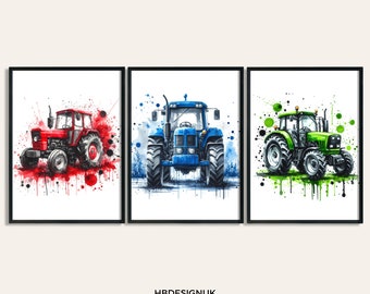Tractor Print Set - 3 Watercolour Posters | Boys Bedroom Artwork | Farm Wall Art | Red, Blue, Green Tractors | Construction Decor | Picture