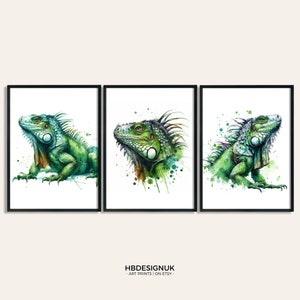 Conjunto de impresión de carteles de iguana verde - 3 impresiones de acuarela / Arte de pared de lagarto / Decoración de obras de arte / Arte de pared de animales vibrantes / Regalos de habitación / Regalo
