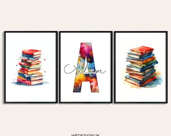 Personalised Reading Poster Set - Set of 3 Prints | Kids Book Design | Pink Library Decor | Bedroom Wall Art | Books Lover | Bookish Gift