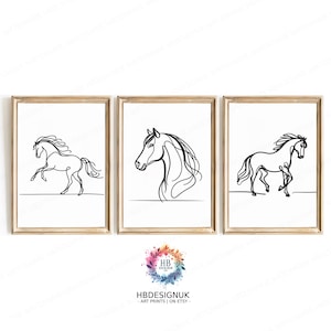 Desenhos de Cavalos - Conjunto de 3 Pôsteres de Cavalos | Estampas de Pôneis | Estampas de Quarto de Meninas | Decoração de Quarto de Meninas | Arte Minimalista | Presente Impresso