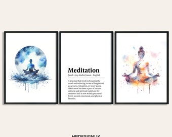Meditation Print Set - Set of 3 Meditate Posters | Watercolour Art Painting Design | Decoration Decor | Holistic Gifts | Mental Health Print