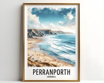 Perranporth Travel Print - Watercolour Poster Design | Wall Artwork | Cornwall Gifts | Home Decor | Wall Art Gift | England Beach Picture