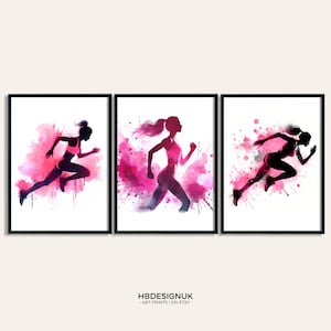 Pink Running Print Poster Set - Set of 3 Runner Posters | Athletics Art Painting | Decoration Decor | Running Wall Art Gifts | Runner Gift