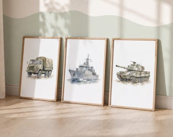 Army Prints Set of 3 - Military Vehicle Wall Art, Truck Nursery Decor, Boys Bedroom
