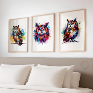 Colourful Owl Wall Art - Owls Print | Bird Pictures | Animal Prints | Watercolor Artwork Decor | Owl Picture | Abstract Painting Prints