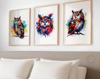 Colourful Owl Wall Art - Owls Print | Bird Pictures | Animal Prints | Watercolor Artwork Decor | Owl Picture | Abstract Painting Prints