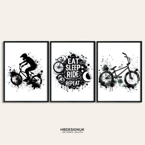 BMX Print Poster - Set of 3 Black Prints | BMX Posters Bedroom Decor | Gift for BMXing | Bike Artwork | Biking Watercolour Wall Art Image