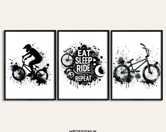 BMX Print Poster - Set of 3 Black Prints | BMX Posters Bedroom Decor | Gift for BMXing | Bike Artwork | Biking Watercolour Wall Art Image