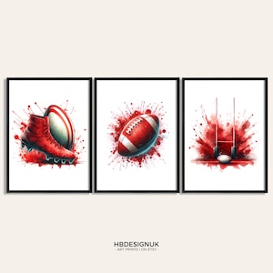 Impresiones de carteles de rugby rojo - Conjunto de 3 impresiones de salas de rugby / Decoración del dormitorio de los niños / Arte de pared A4 / Regalos de rugby / Carteles de rugby / Impresión de arte / Obras de arte