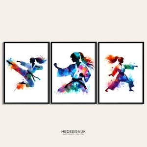 Art mural de karaté pour filles - Lot de 3 affiches de karaté | Impressions d'art aquarelle | affiche de chambre à coucher | Images murales de karaté pour enfants | Cadeaux de sport de combat