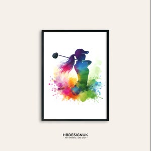 May include: A colorful watercolor illustration of a golfer swinging a club. The silhouette of the golfer is in black, and the background is a vibrant mix of colors, including red, orange, yellow, green, blue, and purple.