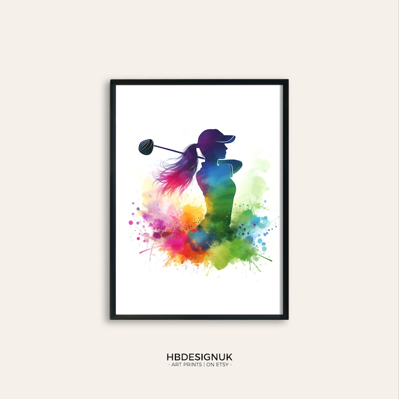 May include: A colorful watercolor illustration of a golfer swinging a club. The silhouette of the golfer is in black, and the background is a vibrant mix of colors, including red, orange, yellow, green, blue, and purple.