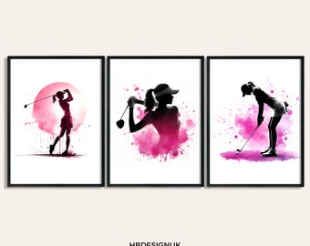 Woman Golf Print - Set of 3 Golfing Poster Prints | Pink Watercolour Girl Golfer Wall Art | Gift for Golf Lover | Womens Decor Room Artwork