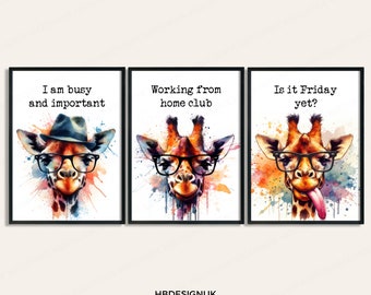 Giraffe Home Office Prints - Set of 3 Posters | Funny Quotes Decor | Work From Home Wall Art | WFH Gifts | Coworker Workplace Pictures