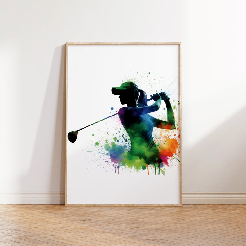 May include: A watercolor silhouette of a golfer swinging a club, surrounded by colorful paint splatters.