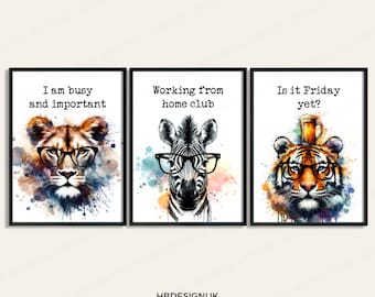Funny Home Office Prints - Set of 3 Posters | Animal Quotes Decor | Work From Home Wall Art | WFH Gifts | Coworker Workplace Pictures