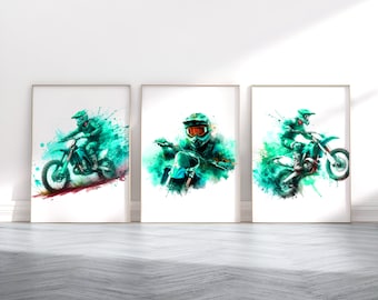 May include: Three framed watercolor paintings of a motocross rider in action. The rider is wearing a helmet and goggles and is riding a green dirt bike. The paintings are set against a white background.