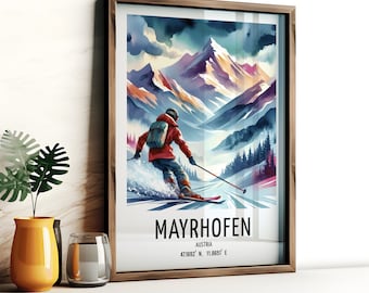 Mayrhofen Ski Poster - Watercolour Art Print  | Travel Wall Artwork | Skiing Gifts | Austrian Alps Ski Decor | Ski Resort | Gift Snowboard