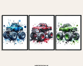 Monster Truck Print Set - 3 Watercolour Posters | Boys Bedroom Artwork | Car Wall Art Prints | Red, Blue, Green | Room Home Decor | Picture