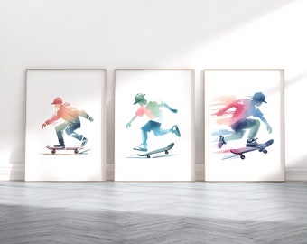 Pósteres de skater - Juego de 3 pósteres / Arte mural de skate / Decoración infantil / Obras de arte de skate / Regalos para dormitorio infantil