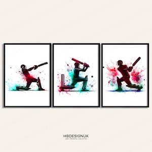 Watercolour Cricket Print Set - 3 Art Posters | Cricketer Wall Prints | Gift for Cricket Lover | Boys Bedroom Artwork | Room Decor Print