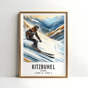 Kitzbuhel Ski Poster - Stampa artistica ad acquerello / Arte murale da viaggio / Regali per lo sci / Decorazione delle Alpi austriache / Stazione sciistica / Regalo per sciatori Snowboard