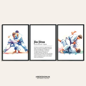 Jiu Jitsu Poster Set - 3 Prints | Wall Art Gifts | Martial Arts Gift | Definition Gift | Boys Bedroom Decor | Kids Watercolour Artwork