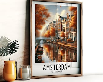 Impresión de viaje de Ámsterdam - Póster de acuarela de los Países Bajos / Arte mural / Regalos navideños / Decoración del hogar / Regalo de arte mural / Imagen de Holanda