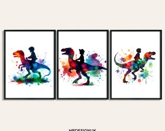 Kids Dinosaur Prints - Set of 3 Watercolour Wall Posters | Velociraptor Paintings Wall Art | Boys Room Gifts | Artwork Decor | Dinosaur Art