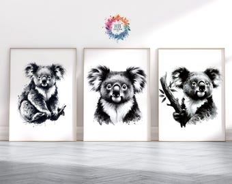 コアラのプリント - 水彩画ウォールアート | コアラの写真 | 動物プリント | 水彩画アート作品装飾 | コアラの絵 | 白黒