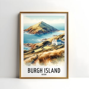 Resetryck med Burgh Island - Akvarell affischdesign | Väggkonst | Gåvor i Devon, Storbritannien | Heminredning | Väggkonst, present | Bild av England