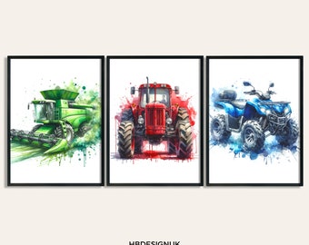 Set med lantbruksfordon - 3 akvarellposters | Konstverk i pojkrummet | Väggkonst med lantbruk | Röd, blå, grön | Byggdekor | Bild