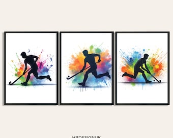Impresión de decoración de hockey - Conjunto de 3 impresiones de arte de hockey / Arte de pared de hockey en acuarela / Regalo para niños para jugadores de hockey / Arte de la sala de carteles de hockey