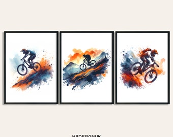 Mountain Biker Print Set - 3 Posters | Biker Wall Art | Watercolour Decor Gift | Cycling Artwork | Boys Cyclist Bedroom Gifts | Biking