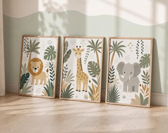 Safari Animal Nursery Print Set - Kids Bedroom Decor, Lion, Elephant, Giraffe