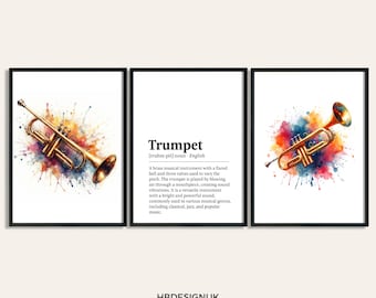 Trumpet Watercolour Art Print - Set of 3 Music Artwork