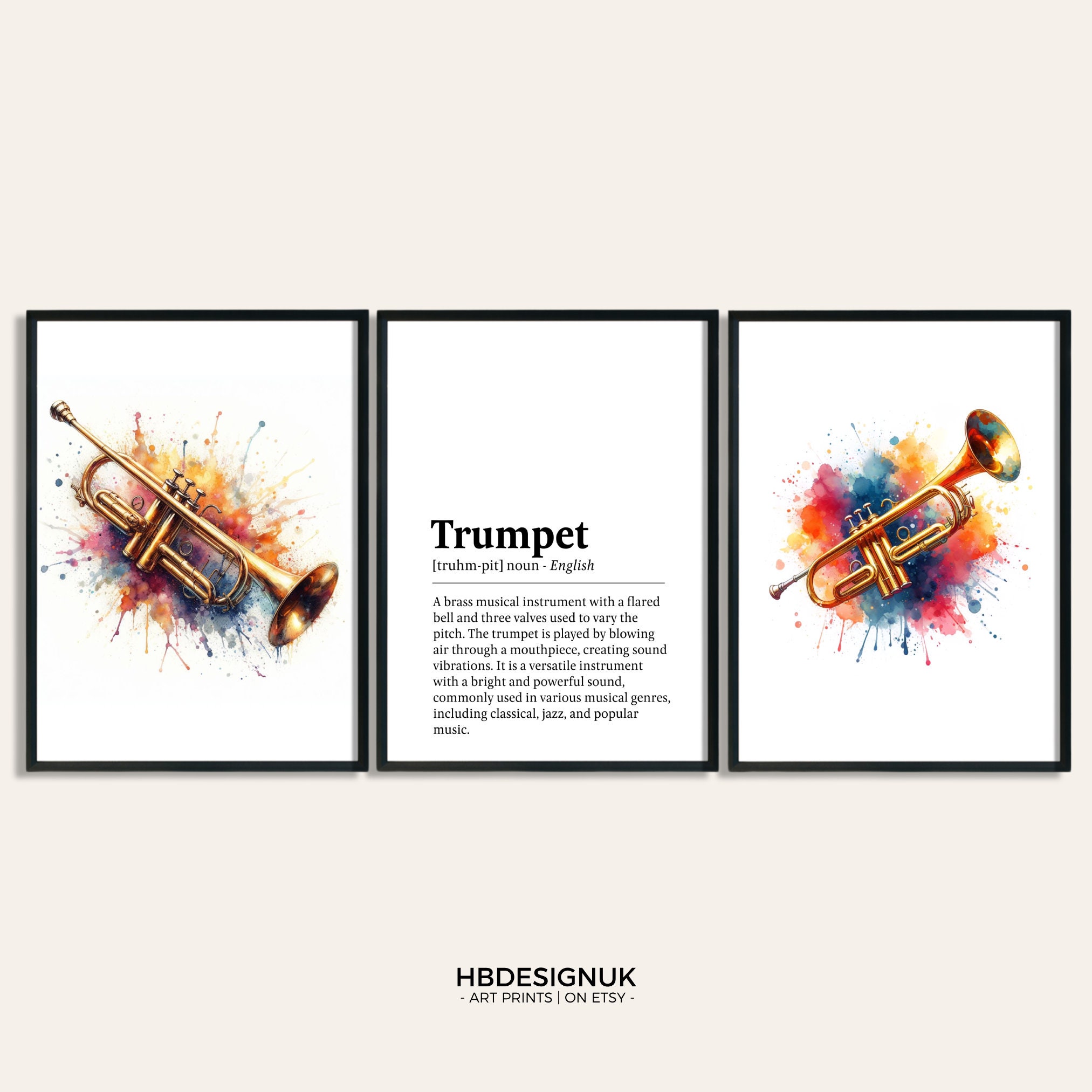 Trumpet Watercolour Art Print - Set of 3 Music Artwork