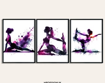Impresión de arte de pared de Pilates - Juego de 3 carteles / Pintura de acuarela violeta / Imagen de obra de arte / Arte de pared para el hogar / Regalos de Pilates / Póster de decoración de yoga