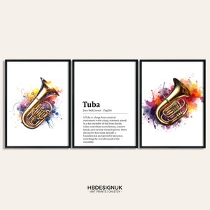 Impressão artística em aquarela de tuba - conjunto de 3 obras musicais | aguarela da música pôster | Músico de arte de parede | Presente de quarto de decoração de imagem de instrumento