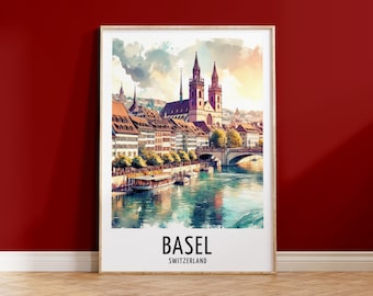 Reisafdruk Basel - aquarel posterontwerp | Muurkunstwerk | Cadeaus Zwitserland | Woondecoraties | Cadeau muurkunst | Schilderij Europa: