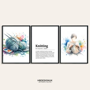 Knitting Print Poster Set - Set of 3 Knitting Posters | Watercolour Art Painting | Knitters Decoration Decor | Hobby Gifts | Knitter Gift